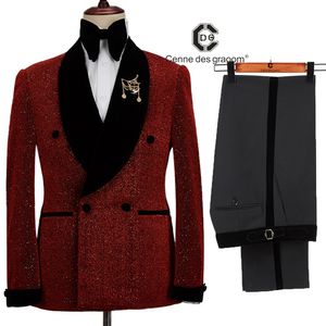 Erkek Suit Blazers Cenne Des Graoom Erkekler Takım Tuxedo 2 adet Çift Kruvazeli Şal Düğün Partisi Şarkıcı Kostüm Damat Noel 230614