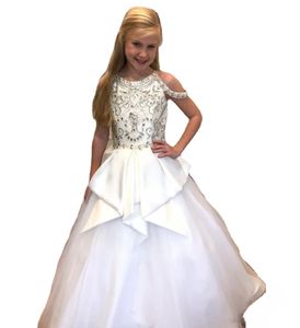 Zarif saf beyaz boncuklu kristaller kızlar yarışması elbiseler mücevher boyun kayışları peplum çocukları ile resmi aşınma elbisesi parti doğum günü