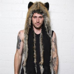 2018 WomenMen Winter Faux Fur Hood Animal Hat Ear Flaps Hand Pockets 3in1 Hood Hat Wolf Plush Warm Animal Cap with Scarf Gloves540230M