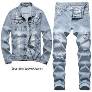 Conjuntos de calças masculinas casuais simples com furo rasgado manga comprida jaqueta jeans e jeans conjunto de 2 peças azul claro primavera verão ropa hombre