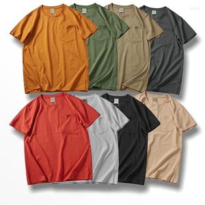 Erkek Tişörtleri Pamuk Cep Tişört Erkekler Yaz Amerikan Retro Sağ Omuz Yarım Kollu Düz Renk Beyaz Tayt