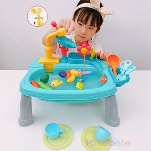 Kitchens Play Food Kids Kitchen Sink Toys Electric Dishwasher Playing Toy With Running Water Pretend Play Food Fishing Toy Role Playing Girls Toys 230614