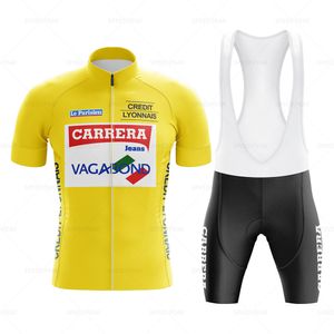 Bisiklet forması sarı sarı retro set klasik bisiklet takım elbise bisiklet kısa kollu erkek bib şort triatlon giysileri por ekibi 230614