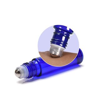 Kobalt mavi 10 ml Cam Roll-on Şişeler Paslanmaz Çelik Silindir Top Parfüm İletim Yağı Masaj Kalın Cam Konteyner Taşınabilir