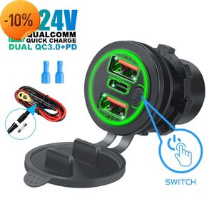 New 12V 24V Triple USB-C Car Charger Socket USB Outlets 45W PD 3USB 22.5W QC3.0 Car Socket Adapter with Touch Switch