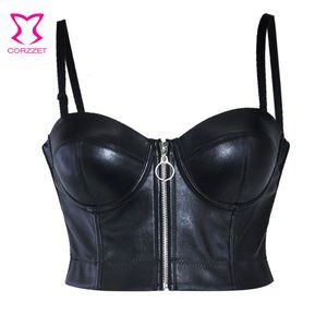 Women's Tanks Camis Steampunk Black PU Leather Zippper Push Up Bralet Sexy Women Bustier Gothic Punk Bra Lingerie Night Club Party Cropped Top Vest 230615