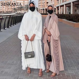 Sıradan Elbiseler Eid Orta Doğu Müslüman Dubai Maxi Elbise Kadınlar Moda Katı Düzenli Fas Kaftan V Boyun Uzun Kollu Abaya Şifon