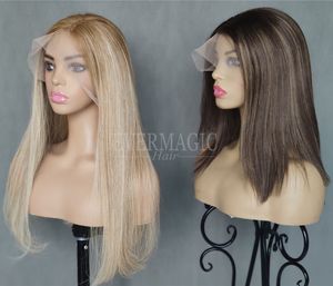 Evermagic None Layerd Кружевные парики с передним человеческими волосами подчеркивают коричневую блондинку супер натуральную линию волос