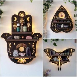 Mensole da bagno Moon Butterfly Scaffale in legno Scaffale per olio essenziale di cristallo Luna Moth Lamp Display Decor Wall Hanging Living Room 230615