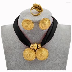Necklace Earrings Set Anniyo DIY Rope Chain Ethiopian Jewelry Gold Color Eritrea Ethnic Style Habesha Pendant Ring #217106