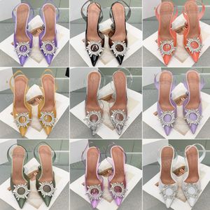 Lüks tasarımcı bayanlar sandaletler elbise ayakkabıları amina muaddi moda kristal topuklar pvc kauçuk güneş sivri seksi sırtsız bar parti düğün ayakkabıları 95mm orijinal kutu 35-42