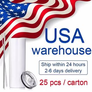 US CA Warehouse 20-Unzen-Sublimationsbecher, gerade Becher, Rohlinge, weiß, 304 Edelstahl, vakuumisoliert, schlanke DIY-20-Unzen-Tasse, Auto-Kaffeetassen, Großhandel