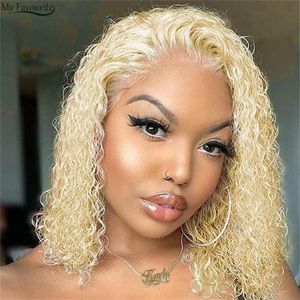Human Chignons 613 13X4 Lace Front Curly Bob Wig Hair Brazilian Water Wave Blonde Wigs With Baby Natural For Black Women 230617