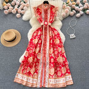 Günlük Elbiseler Vintage Elbiseler Kadın 2023 Yaz Yeni Yaka Kolsuz Baskı Yaka Kelebek Kollu Uzun Elbise Fransız Şık Vahşi Vestidos