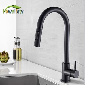 Black Hownifety Kitchen Faucet with Pull-Out Sprayer, Cold Water Mixer Tap, 360° Rotation - Matte Finish
