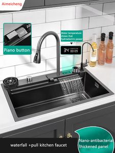 Kitchen Sinks Waterfall Sink Stainless Steel Topmount Large Single Slot Wash Basin With Multifunction Touch Faucet 230616