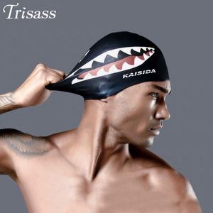 Yüzme kapakları trisass adamın yüzme şapkası yetişkin elastik köpekbalığı yüzme kapakları su geçirmez kulakları koruyun uzun saçlar yumuşak kadınlar banyo kapağı 230616