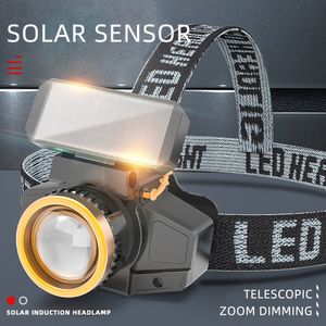 Farlar güneş far far usb usb şarj edilebilir LED Far su geçirmez zoom balıkçılık fener sensör anahtarı 3 mod taşınabilir gece çalışma ışık 230617