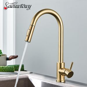 Bathroom Sink Faucets Brushed Gold Kitchen Faucet Pull Out Single Handle 360° Rotatble Tap Cold Mixer Crane 230616