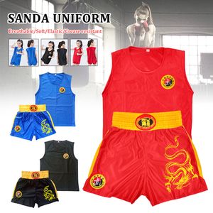Diğer spor malzemeleri yetişkin çocuklar sanda üniforma mma şort spor boks formaları wushu sanda çocuklar için tay gömlek antrenmanı yarışması muay 230617