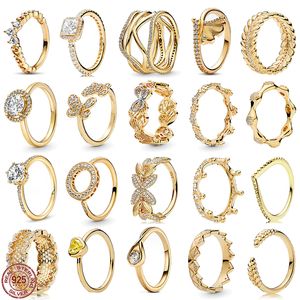 925 Gümüş Yeni Moda Kadın Yüzüğü Altın Serisi Ginkgo Yaprağı Kalp Şeklinde Petek Kelebek Halkası Orijinal Pandora için Uygun, Kadınlar İçin Özel Bir Hediye