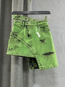 Юбки персонализированная двойная талия дизайн с двойной талией зеленая джинсовая юбка асимметричная девочка короткая корейская мода Женская одежда