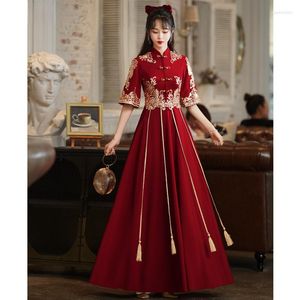 Etnik Giyim Geleneksel Kırmızı Gelin Elbise Çin Düğün Cheongsam Vintage Zarif Tost Modern Akşam Partisi Elbise Qipao Vestido