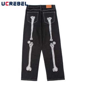 Men's Jeans Skeleton Hand Embroidery Denim Pants Mens High Street Wide Leg Pants Streetwear Loose Casual Trousers Jeans Men 230619