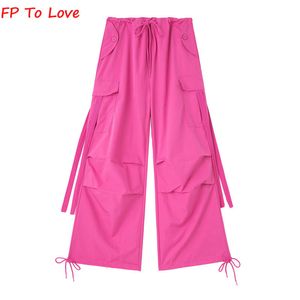 Women's Pants s Y2K Pocket Cargo Woman Loose Trousers Wide Leg Pink Sashes Belt Campus PB ZA Female Yellow Red Grey Black 230619