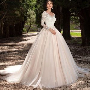 Tül Uzun Kollu Allık Renkli Gelinlik V yaka Balysu Aplikler Dantel Casamento Gelin Gowns Illusion Sırt Bestido de Noiva263t