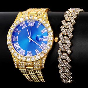 Saatler Buzlu Tam Rhinestones Döşen Brake Ladies Bilek Luxury Crystal Küba Bağlantı Zinciri Saat Seti Takı 230613
