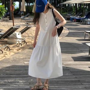 Vestidos casuais Coreia do Sul Dongdaemun Chic Temperament Simples Button Careful Machine Backless Backless Sleeve Sleet Colete Dress Summer