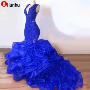Organza Babados Saia Decote em V Vestidos Azul Royal Sereia Prom Aso Ebi Africano Vestidos de Noite Vestidos de Festa Robe De BES121