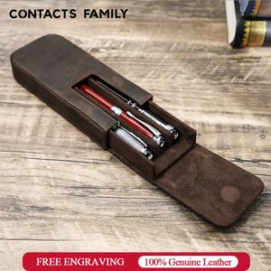 Pencil Bags CONTACTS FAMILY Genuine Leather 3 Slots Pen Case With Removable Pen Tray Holder Pencil Case Men Woman Girls Office School Pouch 230620