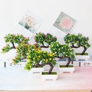 Dekorative Blumen, grüne Gastkiefer mit Mini-Rosen, Blumentopf, Bonsai, Zuhause, Schlafzimmer, Wohnzimmer, Party, Desktop-Ornament, künstliche Pflanzen