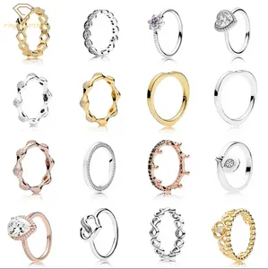 925 Silber Damen passend für Pandora-Ringe, Original-Herz-Krone, modischer Ring, Goldring, Liebes-Herz-Perle, Blau-Türkis-Crysta-Charm