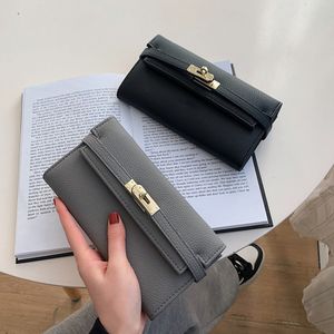 designer wallet luxury fashion litchi pattern solid color womens handbag high quality pu material multi card with lock buckle mid length
