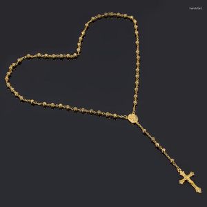 Collane con ciondolo Nastro d'oro Perline di ferro Rosari Collana rotonda con rosario in metallo Cattolicesimo Preghiera Gioielli religiosi