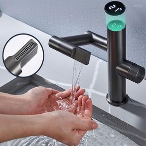 Banyo Lavabo muslukları ycrays siyah beyaz yıkama havzası musluğu değil elektrikli LED sıcaklık ekran mutfak 360 rotasyon musluklar için soğuk mikser