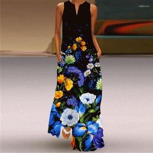 Vestidos casuais elegantes 3D estampa floral bolso patchwork maxi vestido 2023 verão feminino estampado com decote em v sem mangas longos vestidos de mujer