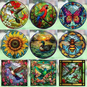 Window Stickers Retro Colorful Stained Hummingbird Butterfly Flower Glass Electrostatic Removable Anti-collision Decorative Film