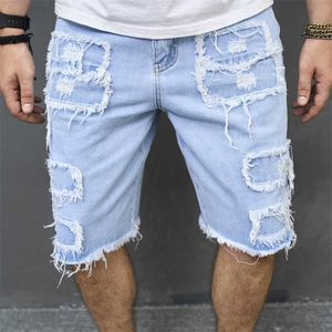 Jeans masculino slim fit shorts jeans rasgados elegantes buracos lisos casuais retos verão streetwear masculino calças de cinco pontos