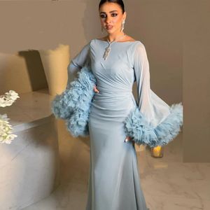 Açık Mavi Müslüman Gece Elbise 2023 BAIAU Eşsiz Puffy Uzun Kollu Şifon Akşam Elbise Denizkızı İslami Dubai Arapça Resmi Balo Elbise Uzun