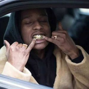 Mens Gold Plated Top and Bottom Teeth Grillz Set GoldenTeeth Grills Hip Hop Jewelry