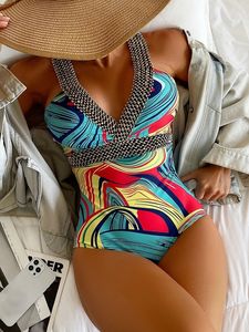 Mulheres de banho de banho feminina estampa tropical lateral lateral de maiô com cinto Push Up Stitch Detalhe Monokini Beach Bathing Suit 230620