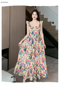 Sıradan Elbiseler 2023 Yaz Kore tarzı şık zarif akşam parti elbiseler kadınlar yaz o boyun kolsuz sırtsız uzun elbise moda baskı çiçek elbise