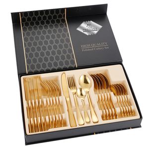 Conjunto de utensílios de mesa de luxo 24pcs Golden Spoon Facas de faca de aço inoxidável Conjunto de talheres de casamento