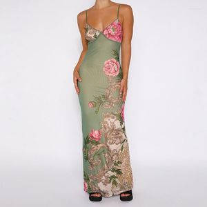 Sıradan elbiseler vintage spagetti kayışı v boyun baskı çiçek elbise Çin tarzı kadınlar uzun bodycon yaz ince sırtsız tatil sundress