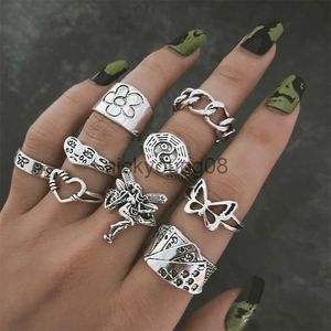 Полоса кольца Hiphop Vintage Silver Color Poker Poker Wings Rings для женщин для женщин панк -сердце бабочка Boho Knuckle Sets Sets Trend Jewelry x0625