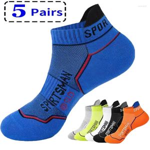 Erkek çorap 5 çift yüksek kaliteli erkek ayak bileği nefes alabilen pamuk spor çorap örgü gündelik atletik yaz ince kesim kısa sokken boyutu38-45